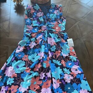 Maggy London Floral Midi Dress - Blue, Pink, Purple